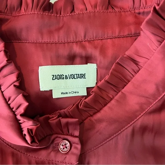 Zadig & Voltaire Feminine Lightweight Raos Satin Ruffle Midi Dress In Wine XS - Picture 12 of 16